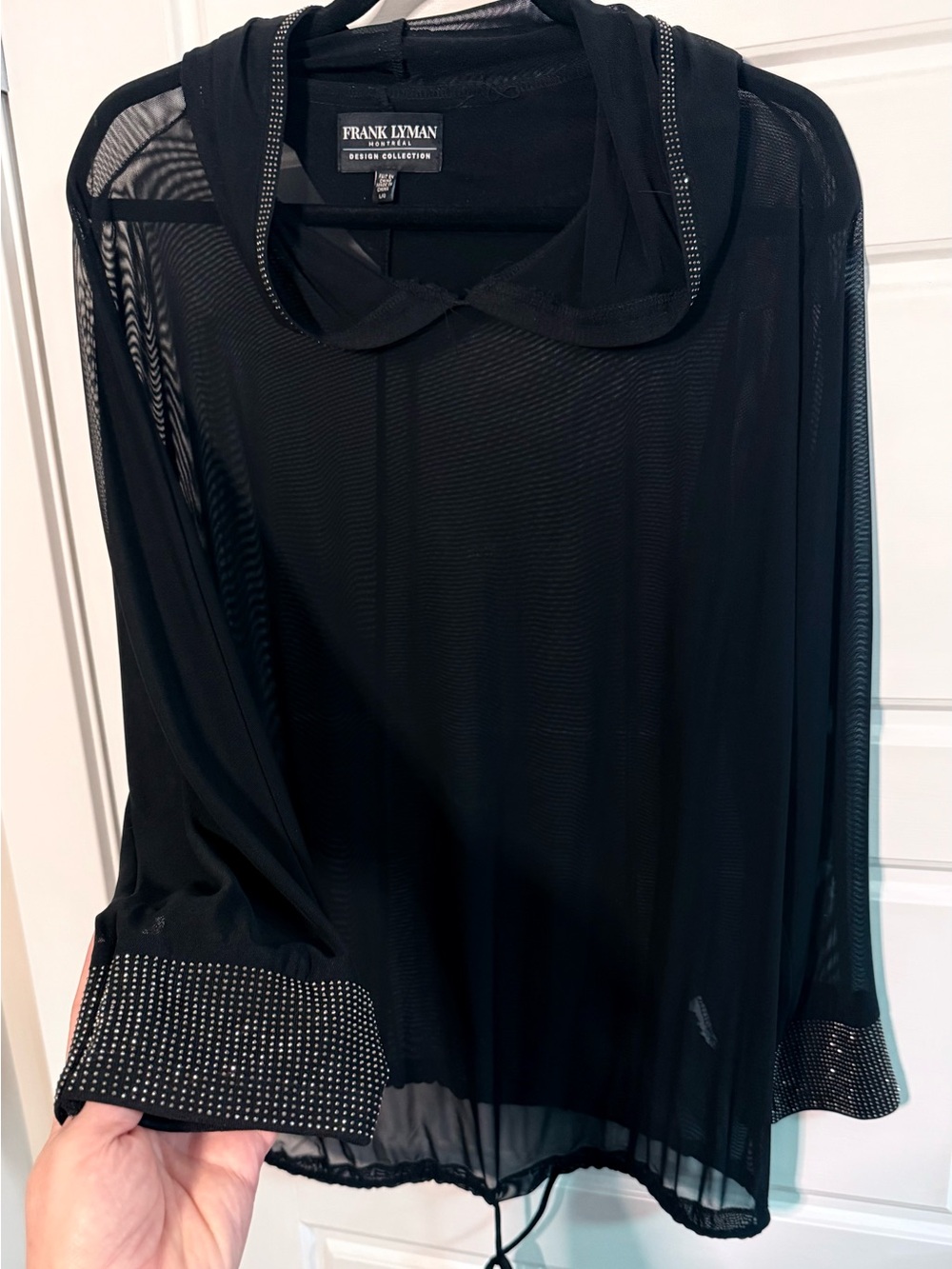 Frank Lyman Design Black Sheer Hooded Blouse with Crystal-Studded Cuffs